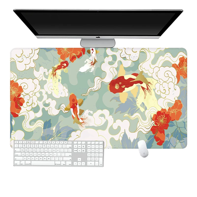 Japanese Mousepad Koi Desk Mat Minimal Japan Mousepad Gold Blue Anime Aesthetics XXL Gaming Deskmat Nature Large Mouse Pad 90x40