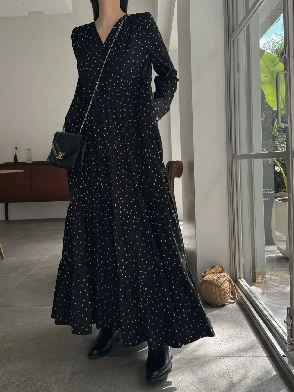 Ele V-Ne Long Sve 폴카 도트 프린트 Maxi Dr 여성 가을 ​​Faion Long Tea Break 스커트 Trend Street Sle Dr