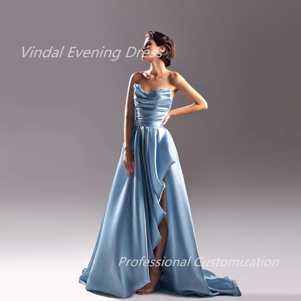 Vindal-Vestidos de Noche de satén para mujer, traje plisado sin tirantes, largo hasta el suelo, sin mangas, estilo moderno, Sexy, de alta calidad, 2024