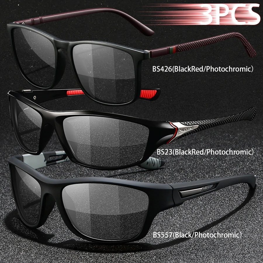 3PCS Photochromic Polarized Sports Vintage Sunglasses Men Women Cycling Driving Mountaineering Chameleon Sun Glasses UV400Eyewer