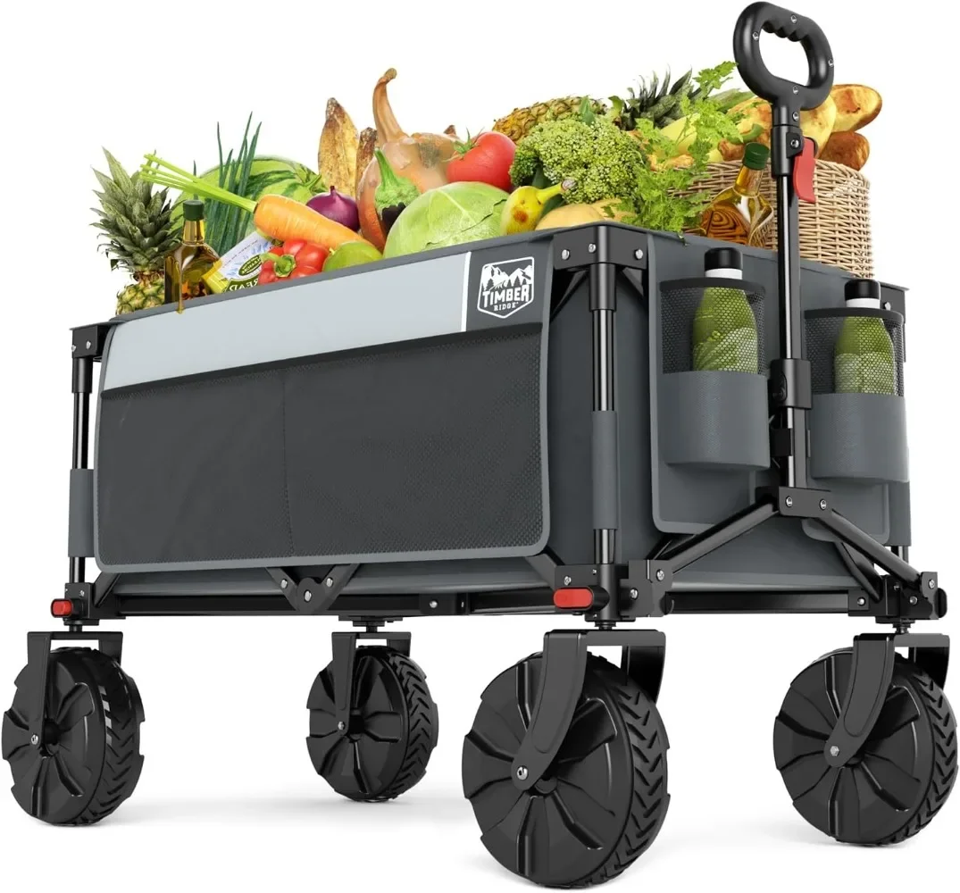

Collapsible Wagon Utility Folding Cart Heavy Duty All Terrain Wheels for Shopping Camping Garden with Side Bag and Cup Holders