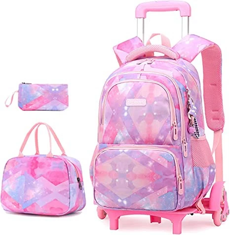 School Trolley Bag Wheeled Backpack for Girls Kids 6 Wheels 2 Wheels Elementary School Trolley Bag Set Lunch Bag Pen Bag For kid