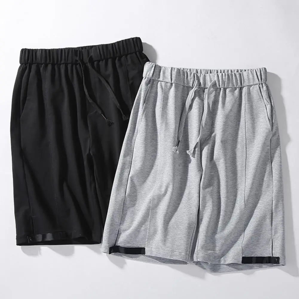 Summer Men Shorts Mid Rise Drawstring Solid Color Pockets Loose Short Pants for Sports