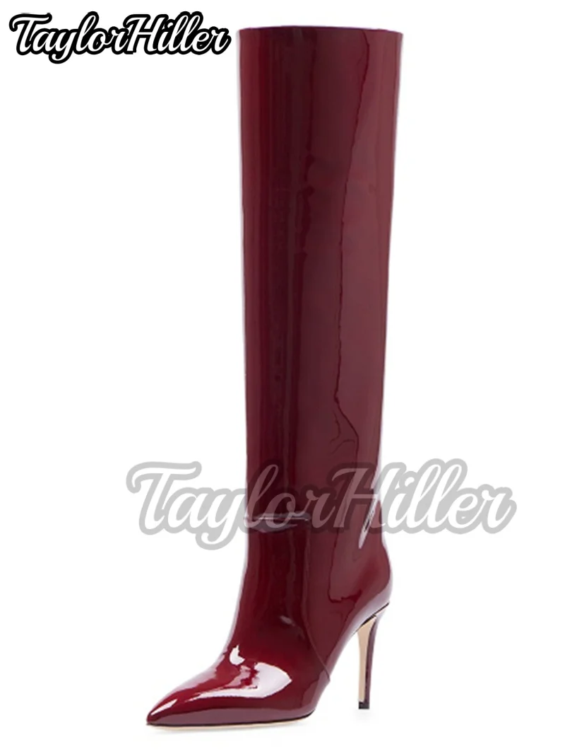 

Cherry Red Boots Patent Leather Botas Pointed Toe Knee-High Shoe Suede Women Luxury Designer Shoes Autumn Winter Modern Zapatos