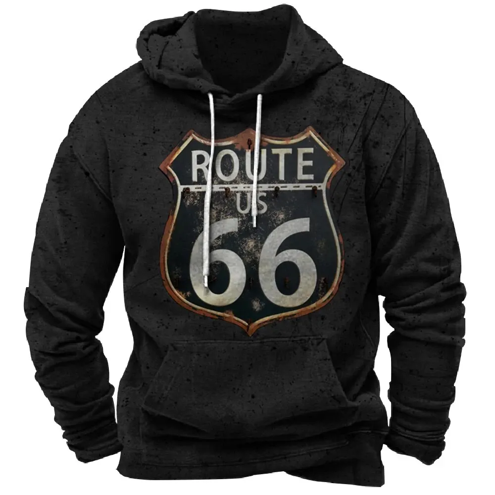 Route 66 Men\'s Hoodie Casual Pullover 3D Printed Pattern Sweatshirt Vintage Men\'s Clothing Autumn Winter Tops 2024 New Outerwear