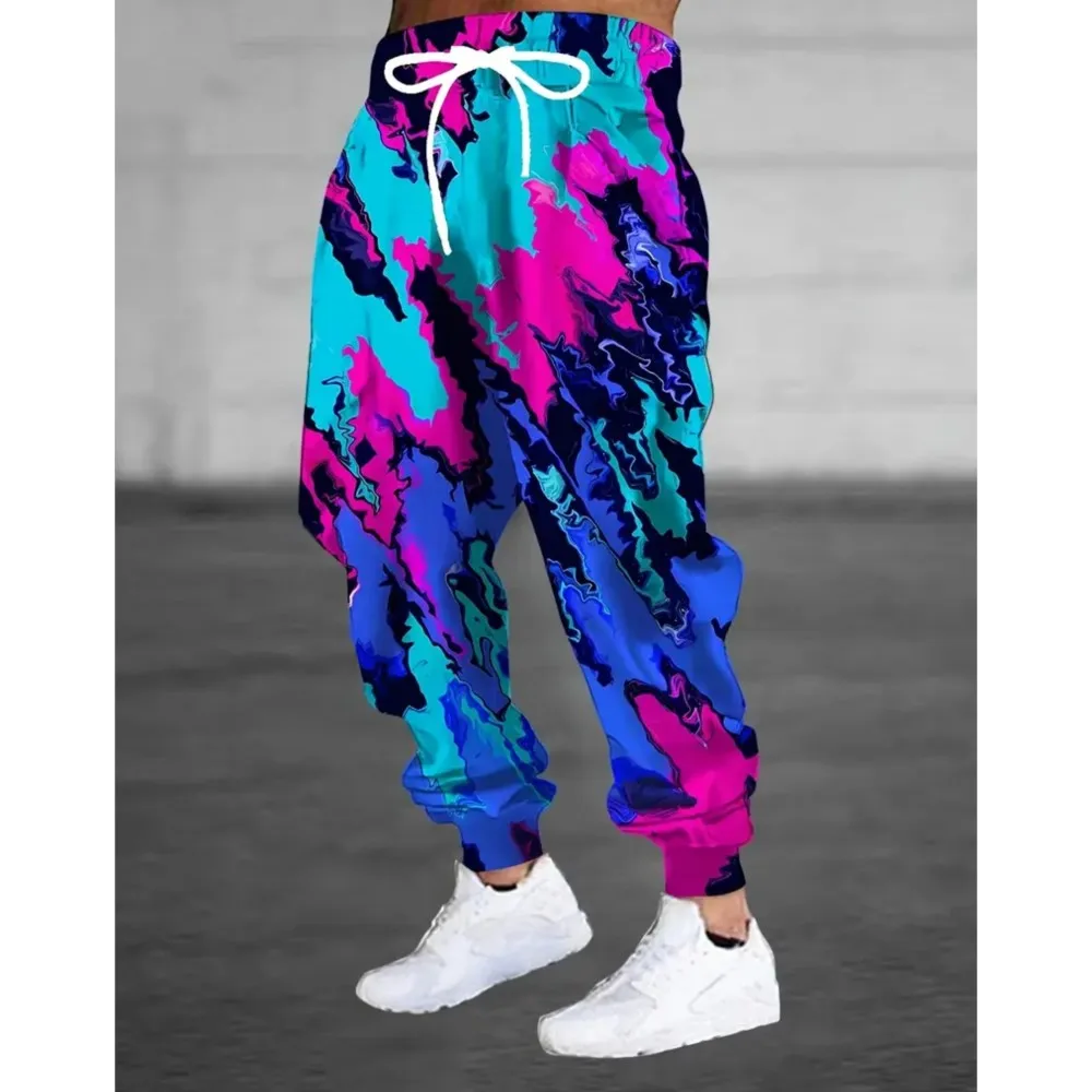 

1 men's casual abstract color printed jogging pants 100% polyester light stretch men's pocket pull rope sweatpants