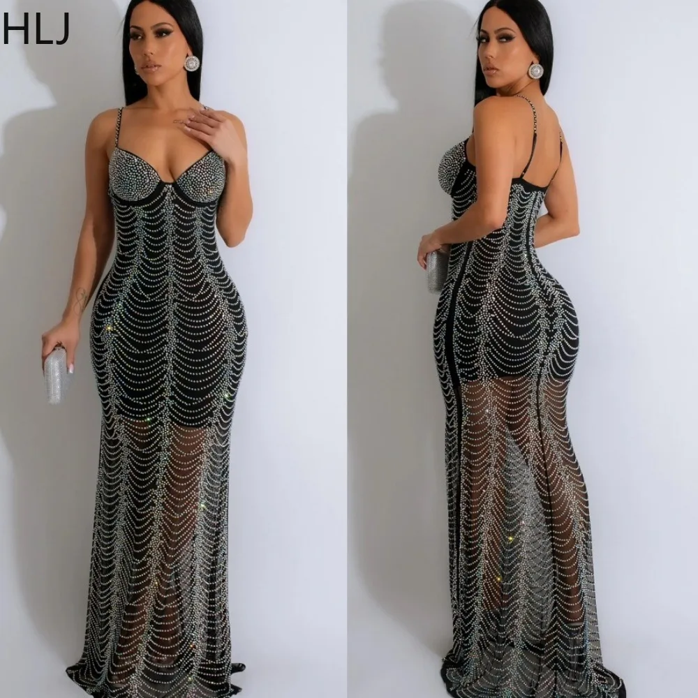 

HLJ Fashion Mesh Perspective Rhinestone Evening Party Suspenders Dress Women Thin Sleeveless Bodycon Vestidos Sexy Slim Clothing