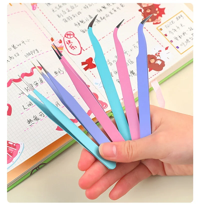 200Sets 2Pcs/Set  Stainless Steel Straight Curved Colored Tweezer for Nail Art Sticker Rhinestone Picking Tool Makeup False Eyel