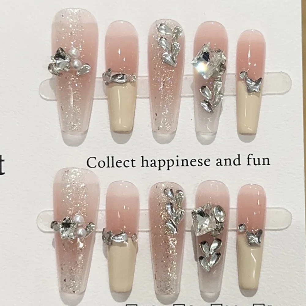 달콤하고 사랑스러운 만화 곰 롱 코핀 스틸레토 가짜 손톱 리본 진주 다이아몬드 꽃 고양이 눈 착용 가능한 가짜 손톱