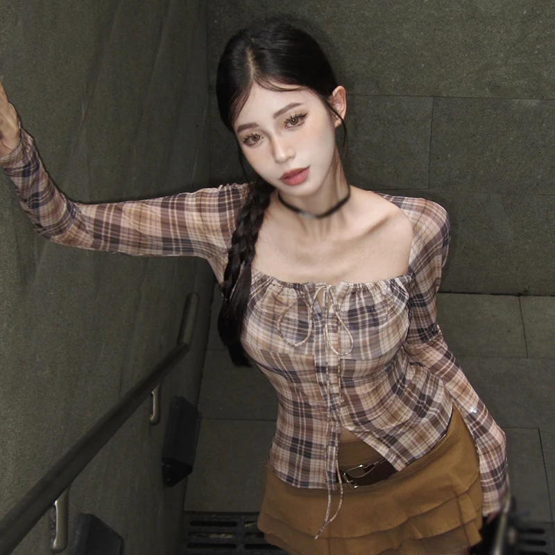 المرأة طويلة الأكمام ساحة الرقبة منقوشة القمم ، بلوزة ، تنوعا ، ضئيلة ، مثير ، موضة ، الخريف #3