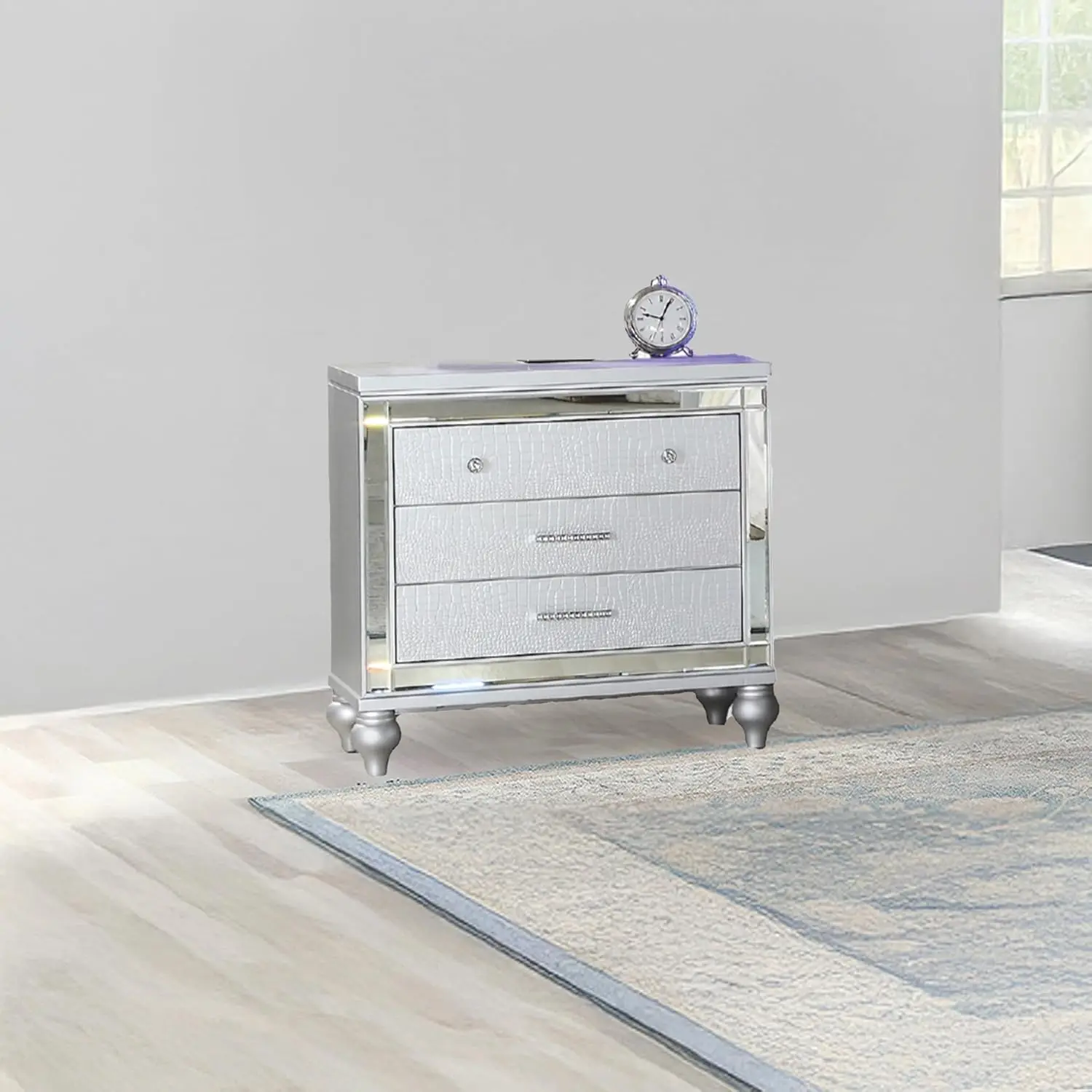 Silver Wood Nightstand 3 Drawers Mirror Panels Crystal Pulls Crocodile Texture Bedside Storage 26