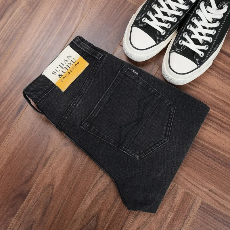 Autumn and winter men's washed denim jeans in black and gray, classic embroidered men's pants, slim straight-leg pants, high-end
