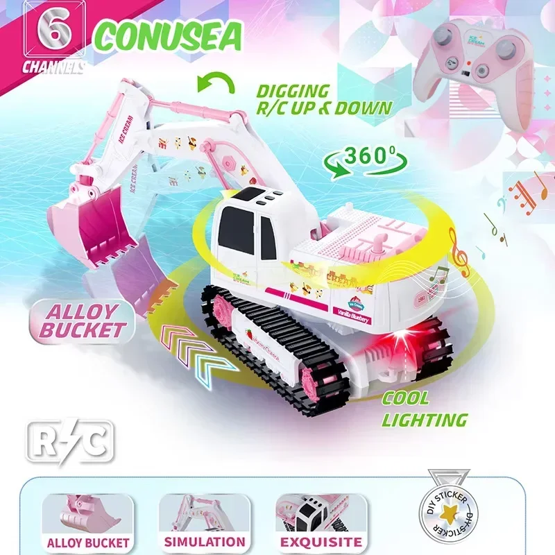 Mainan Excavator Rc Mobil Truk 2.4G Remote Control Digger Kendaraan Teknik Alloy Lampu Musik Crawler Mainan untuk Anak Perempuan Laki-laki