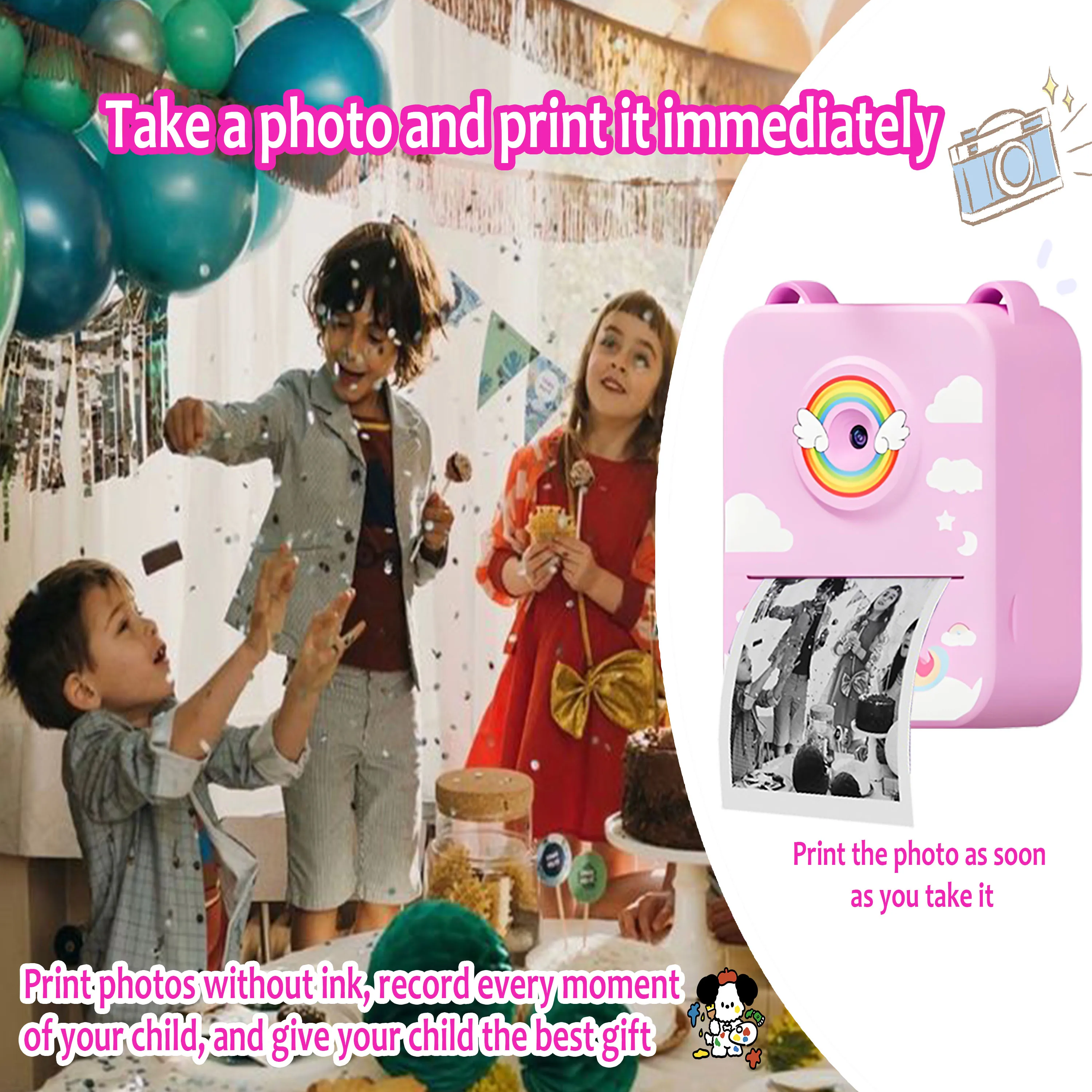 Kids Cameras Children's Camera For Kids Instant Print Portable Small Camera,3 Rolls Printing Paper, Gift For Boys&Girls