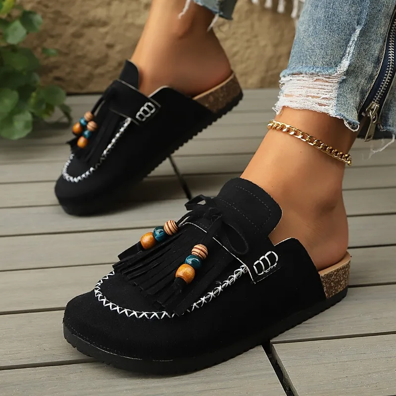 Summer Women's Baotou Half Slippers Retro Suede Leather Casual Slippers Fashion Fringe Design Slippers Women Thick Soled Sandals