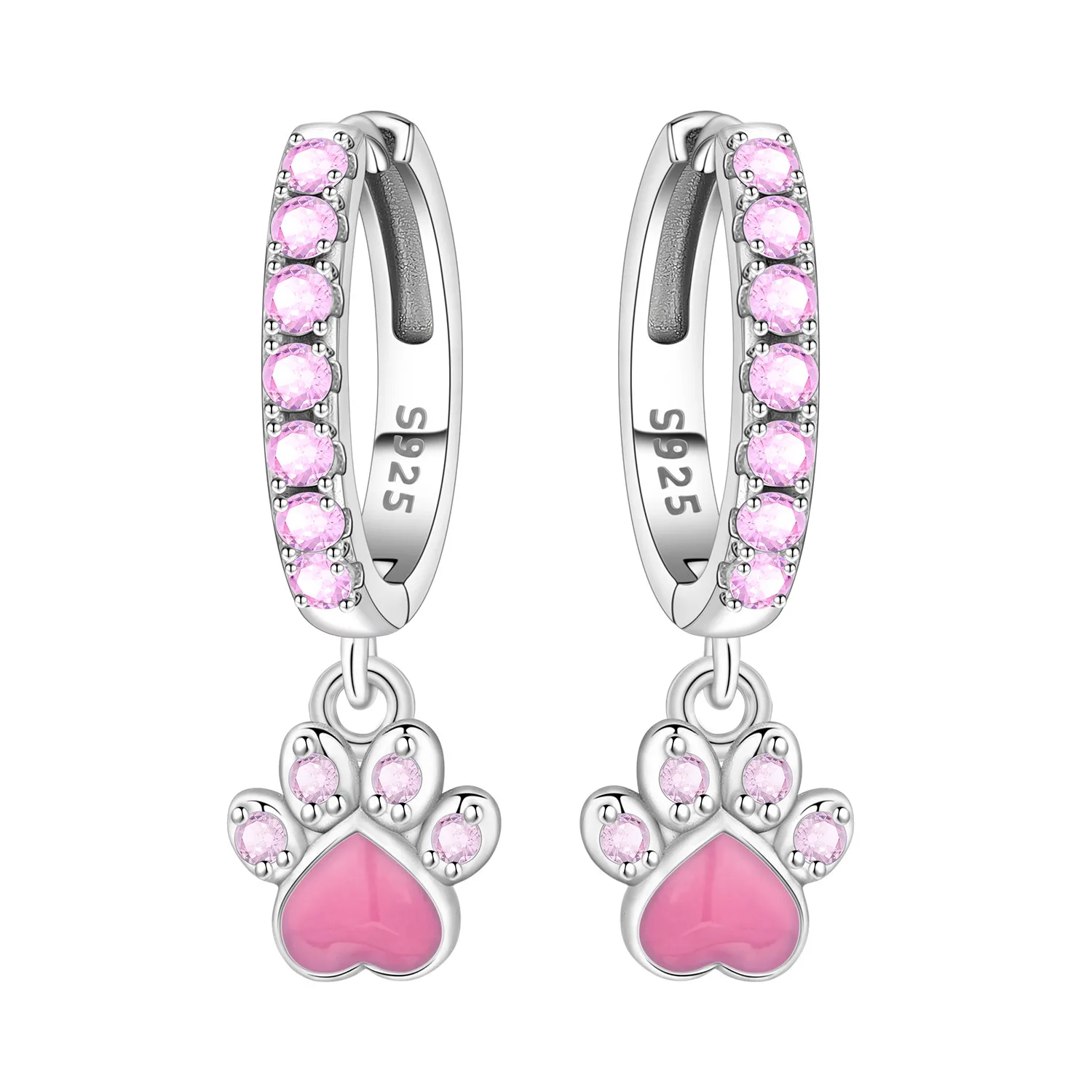 PANPOKI 925 Sterling Silver Pink Pet Animal Paw Print Earrings Original Jewelry Drop Earrings Jewelry Party Anniversary Gifts