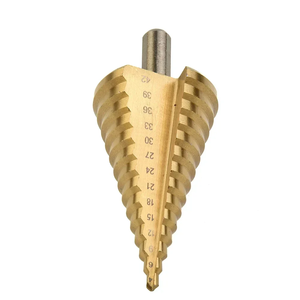 Bit Step Drill Tool 4 42mm Cone Bit Drilling Hole Cutter Round Handle HSS Steel Straight Flute Triangular Shank