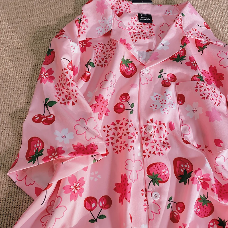 Japanese Beach Fruit Cherry Strawberry Full Printed Button Up Shirt Womenblouse Short Sleeve Casual Hawaiian Shirts Summer 2023