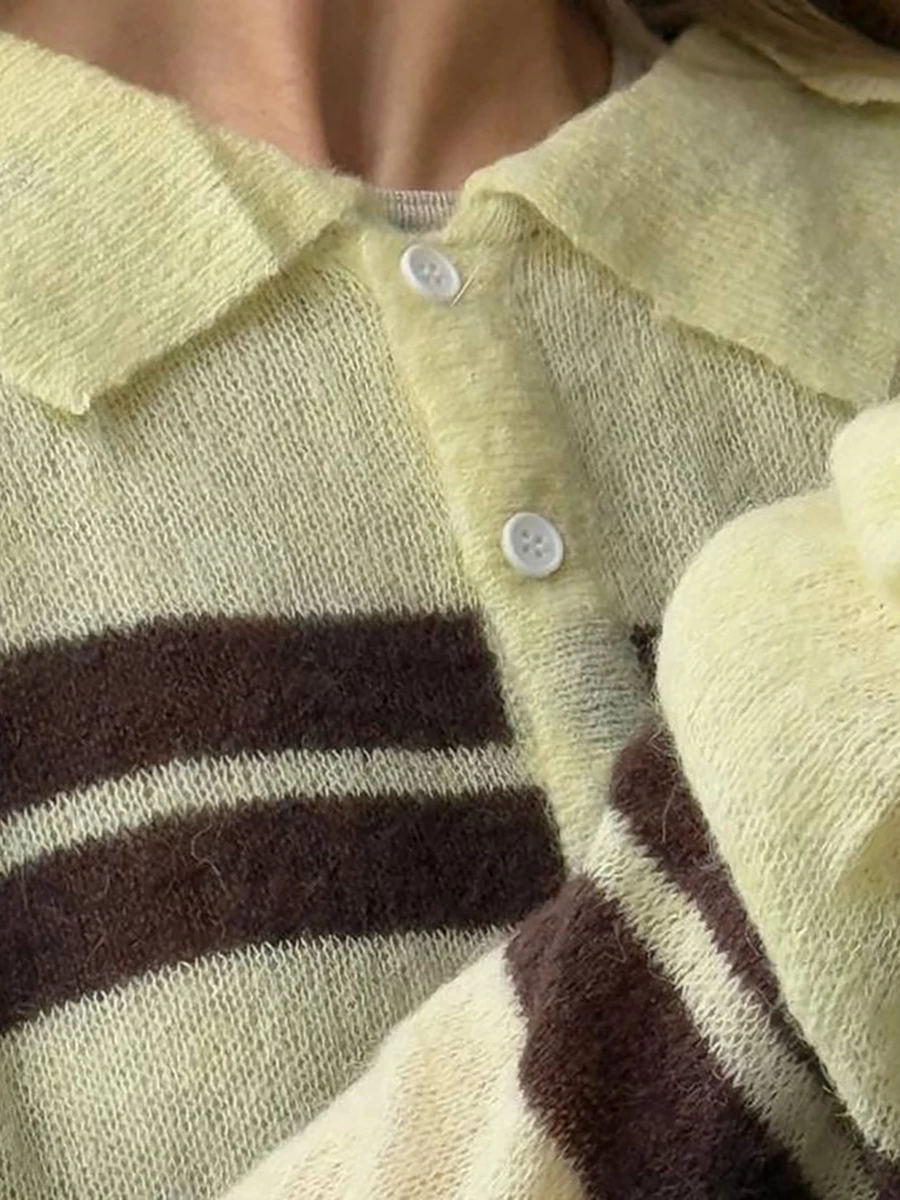 خمر مخطط محبوك كم طويل تي شيرت المرأة أزرار ترتيب الأسرة طوق سترة تي شيرت الخريف جديد فضفاض قمة الموضة غير رسمية