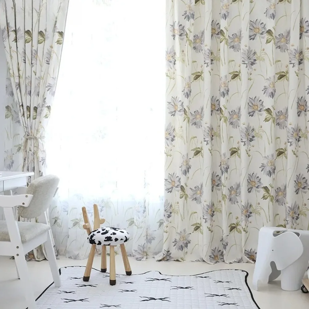 Modern Curtains for Living Dining Room Bedroom Korean Style Cotton Linen Fabric Printing Curtains Tulle French Window Door Beads