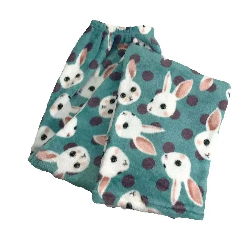 Winter Women\'s Plush Pajama Pants Warm Home Pants Loose Comfortable Elastic Waist Cute Cartoon Green Rabbit 2024