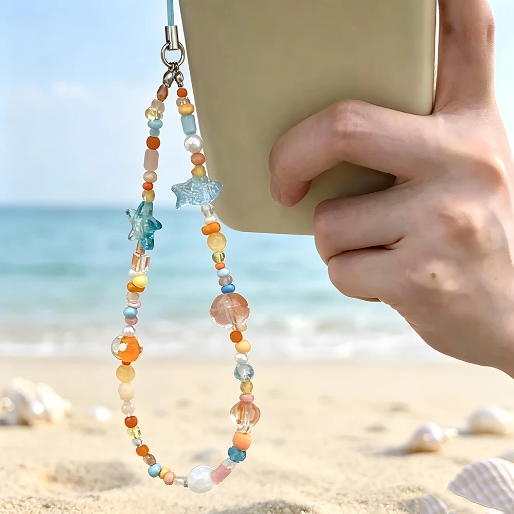 Sea Salt Orange Ocean Beaded Phone Charm with Starfish, Summer Beach Style, Phone Bag Camera Accessory, Cute Travel Gift