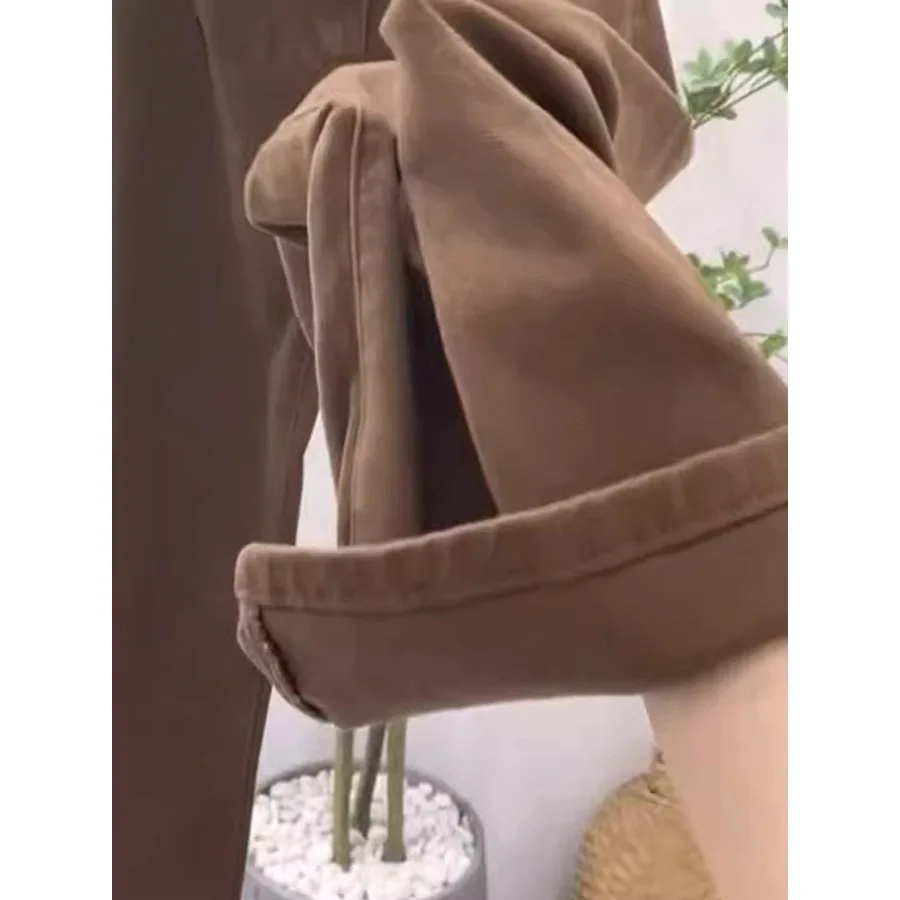new chocolate-colored fleece wide-leg jeans women's autumn winter featuring simple high-waisted design commuting straight-leg