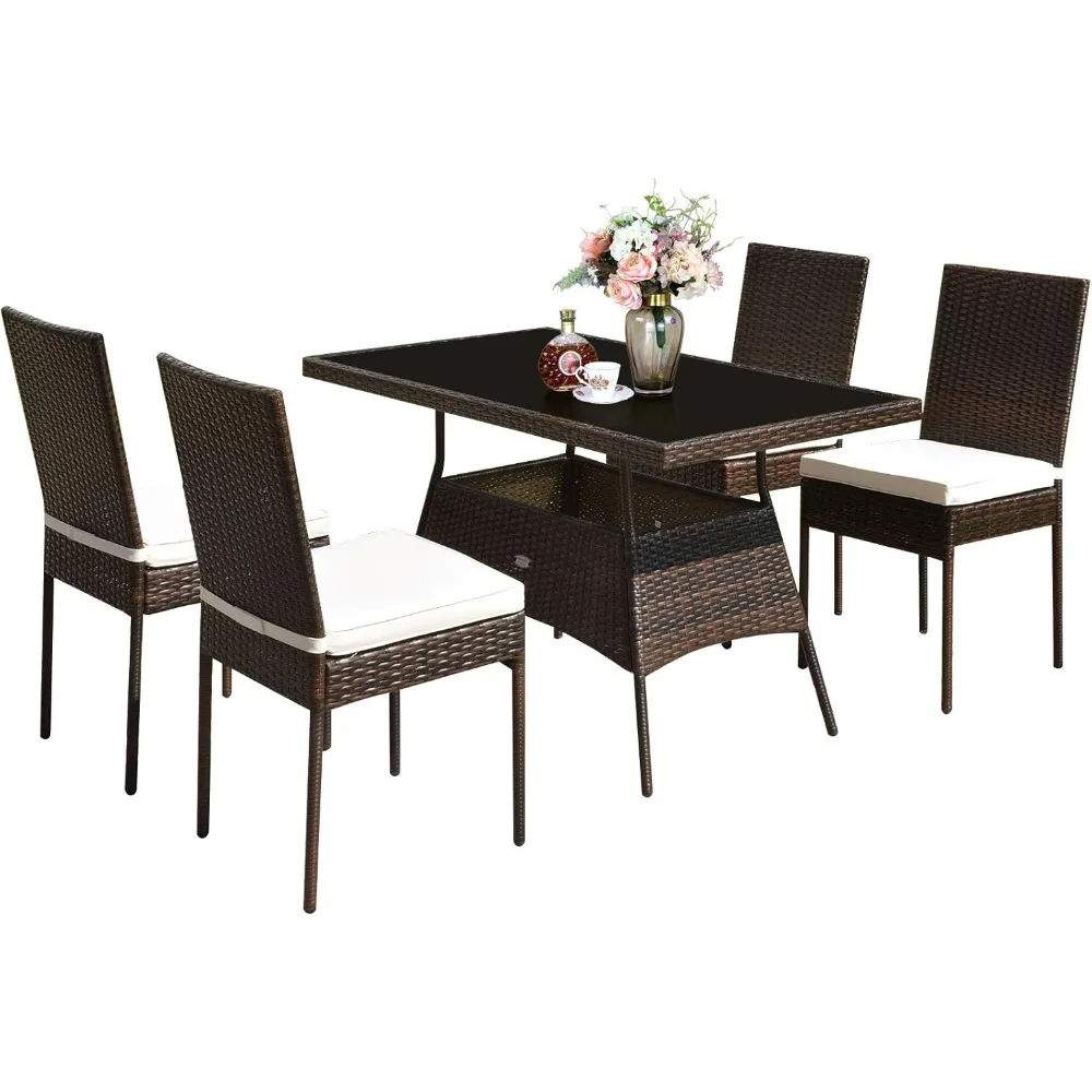 

5-piece terrace wicker tableware, outdoor wicker table and chairs, with tempered glass tabletop and soft cushion