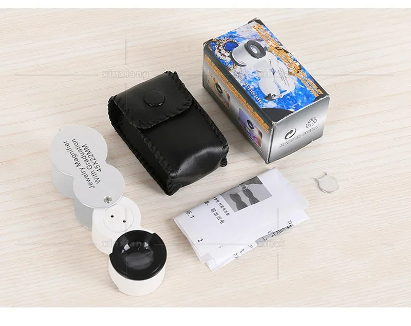 Lupa portátil de medición de plata con luz LED, Lupa de bolsillo, Mini joyero, 45X