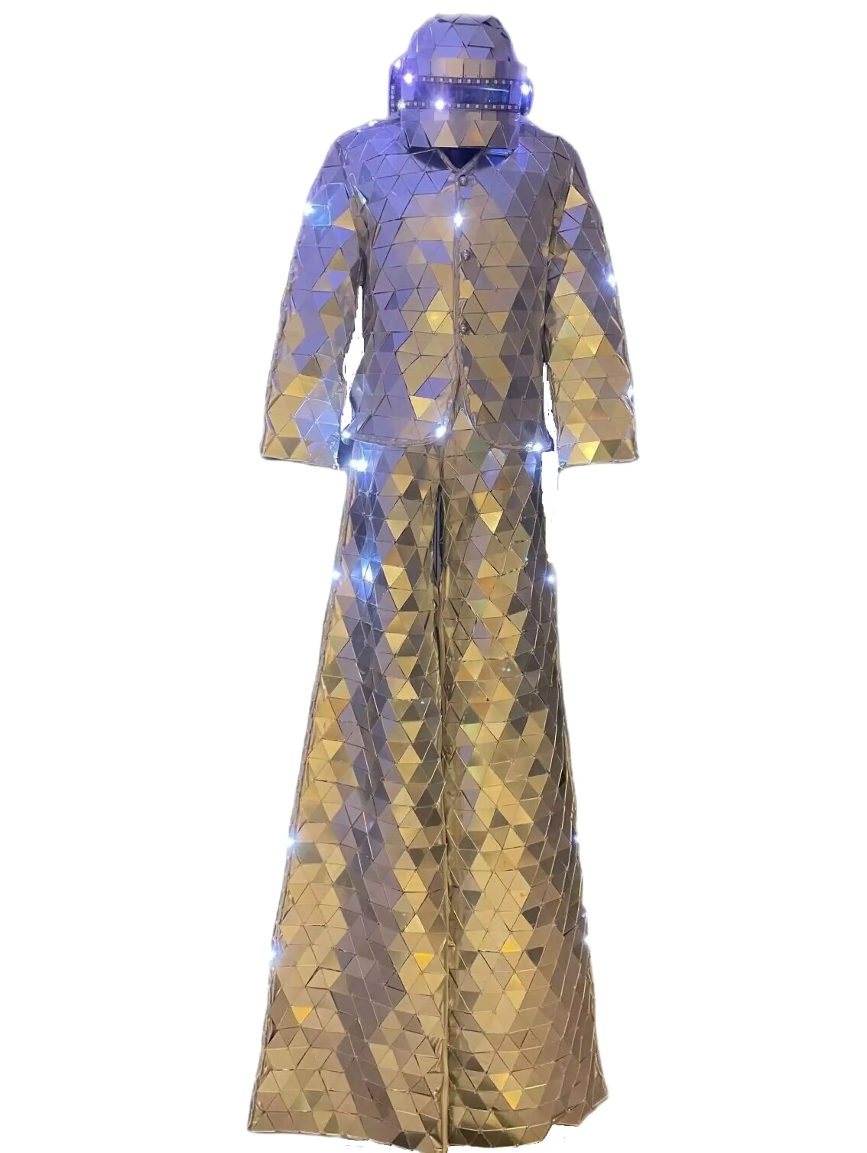 Светодиодные ходули, зеркальные костюмы, сшитые вручную мужские шоу-костюмы, сценическое платье, снежный новогодний костюм