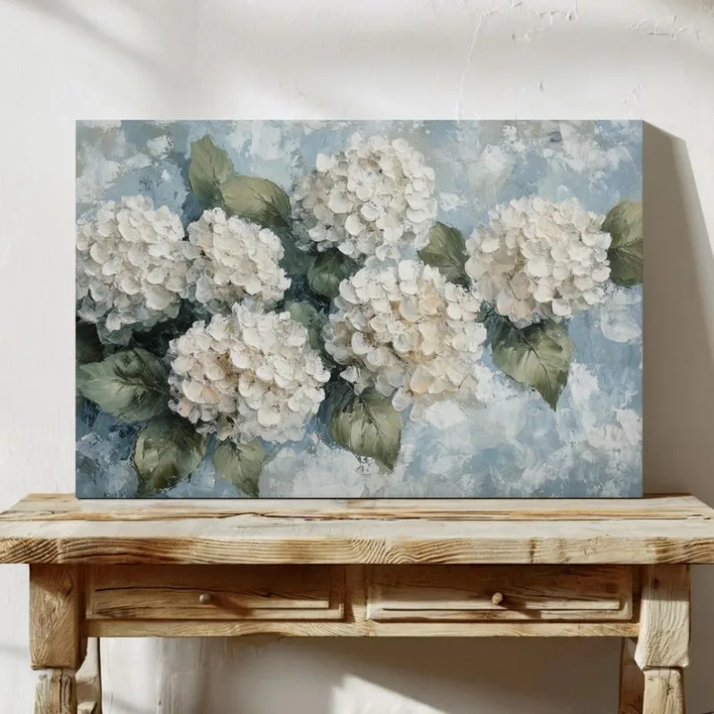 White Hydrangeas Canvas Wall Art Textured Floral Painting Blue Background Elegant Flower Poster Botanical Artwork for Home Decor