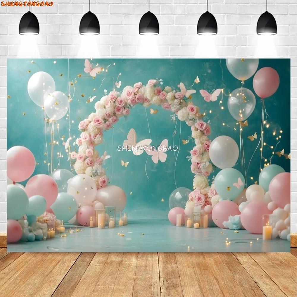 Fille premier anniversaire fête rose or ballon toile de fond doux une fleurs papillon bébé douche photographie fond CJ-01