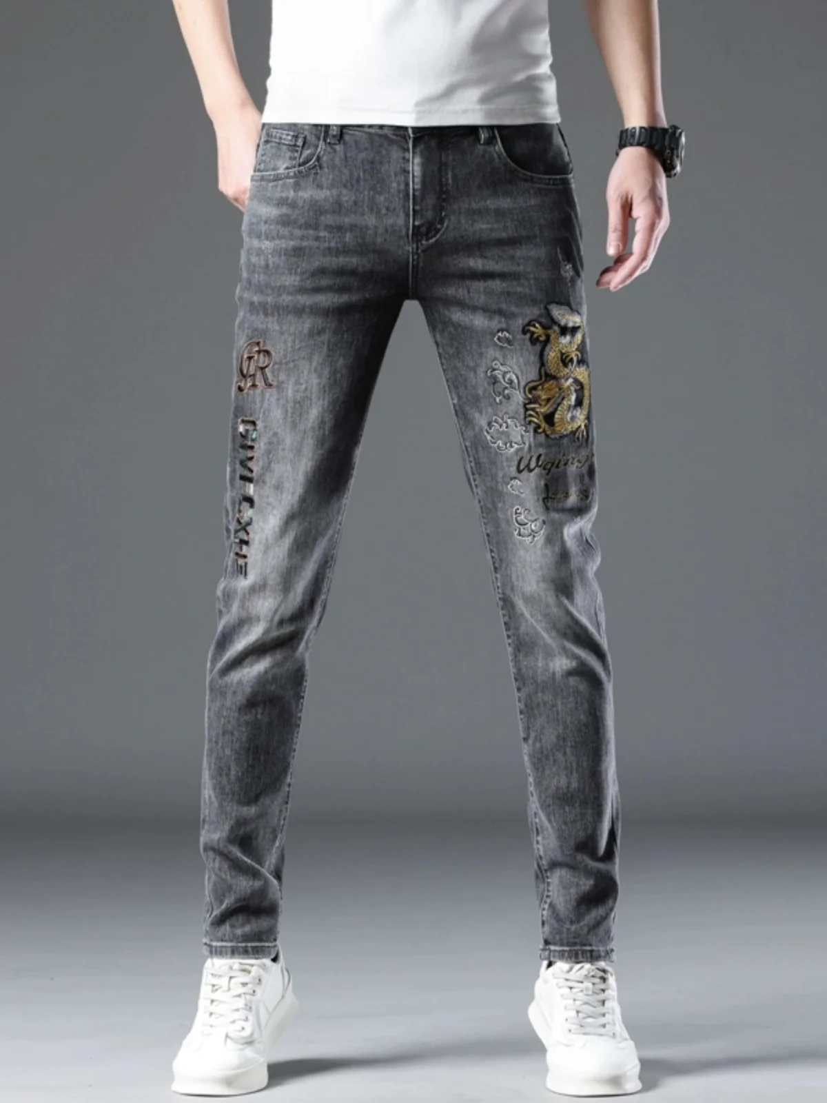 

Embroidered Gold Dragon Casual Jeans Men's Slim Fit Spring Autumn High End Leisure Long Pants Bla ey Cotton Stretch Denim