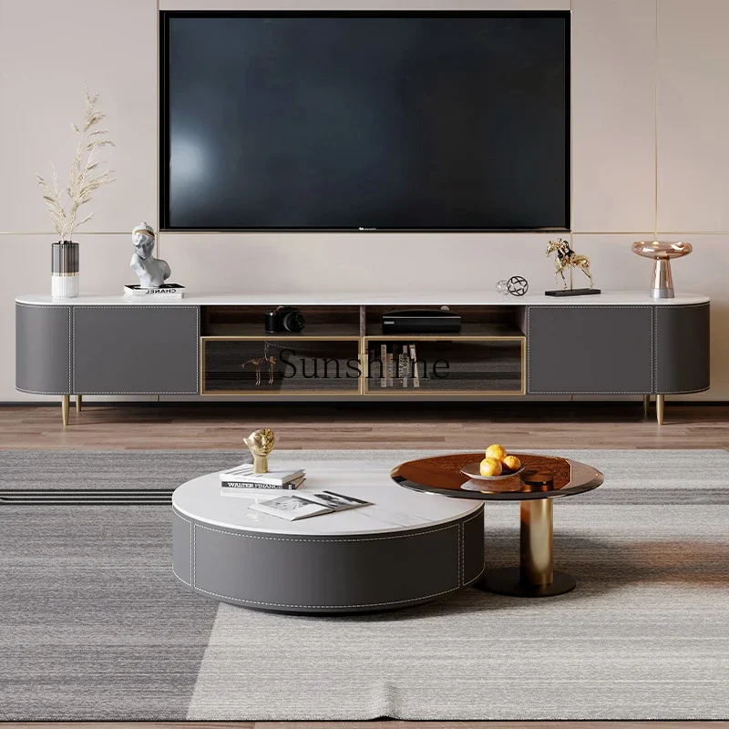 Italian saddle leather modern living room small apartment light luxury minimalist rock slab floor cabinet       FT