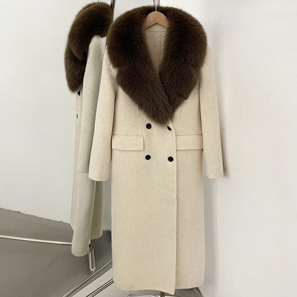OFTBUY Luxuriöser Doppelreihiger Langer Wollmantel für Damen mit Echtem Fuchspelzkragen, Winter-Wärmejacke, Schlanke Wollkleidung mit Echtpelz – Detail 17