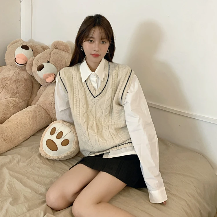 เสื้อกั๊กไหมพรมถักสำหรับผู้หญิง สไตล์ลำลอง ชุดสองชิ้น แฟชั่นใหม่สำหรับฤดูใบไม้ร่วง สไตล์นักศึกษา เสื้อคลุม