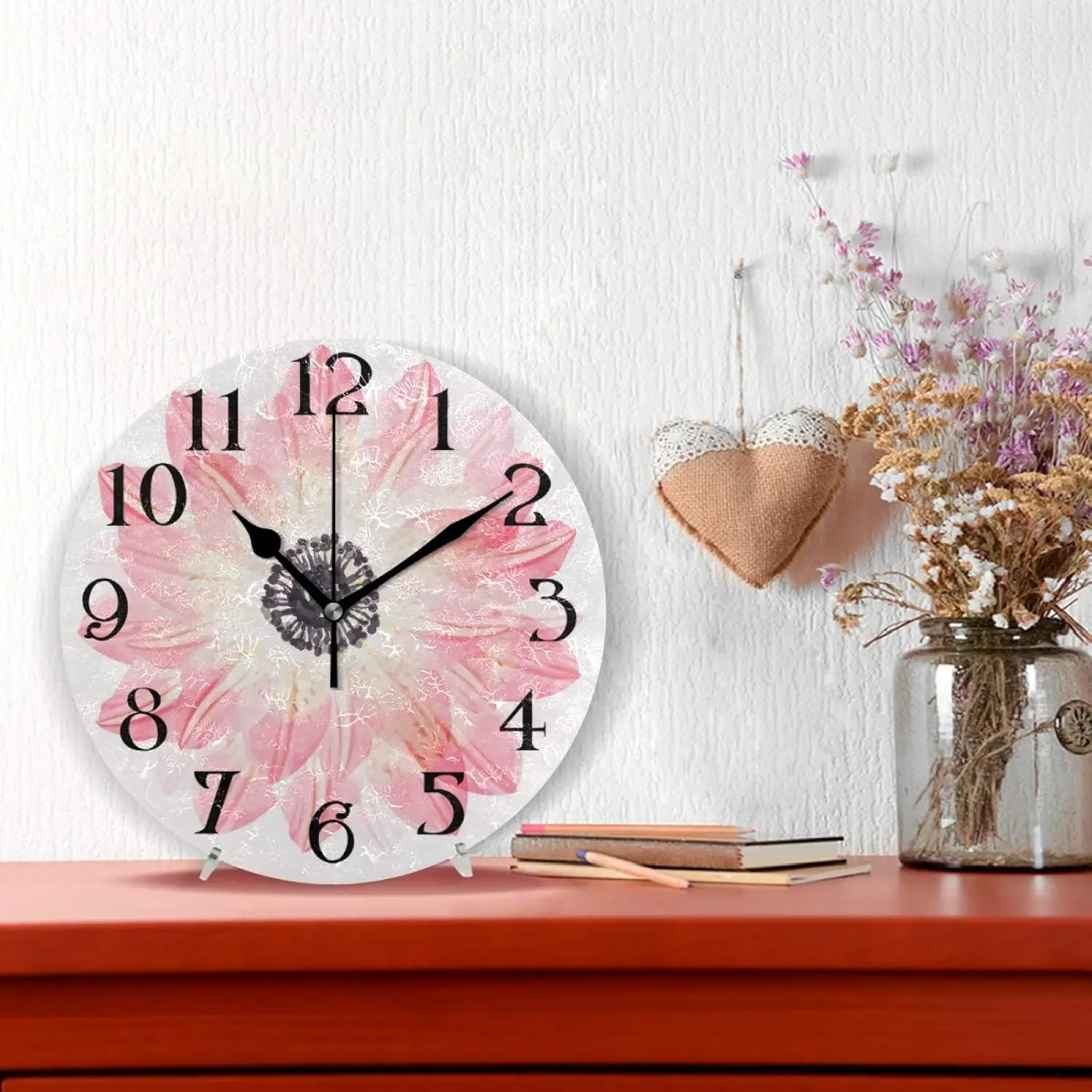 Romantic Pink Rendering Flowers Wall Clock 9.5 Inch Non-Ticking Silent Clocks Round Bathroom Clock Battery Operated Quartz Analo