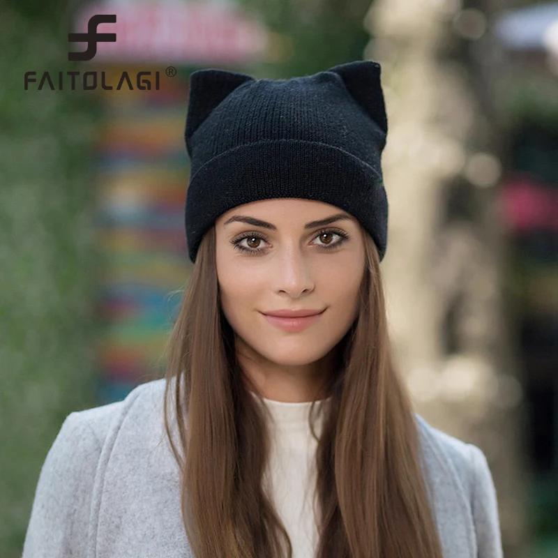 Cute Cat Ear Beanie Winter Warm Knitted Hat Soft Wool Crochet Skullies Beanies For Women Girl Little Devil Cosplay Halloween Cap