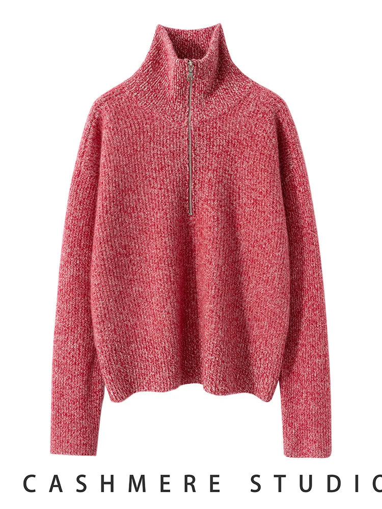 

Женский свитер-гольф из 100% кашемира, осенне-зимний, толстый, с воротником на молнии, повседневный, свободный крой