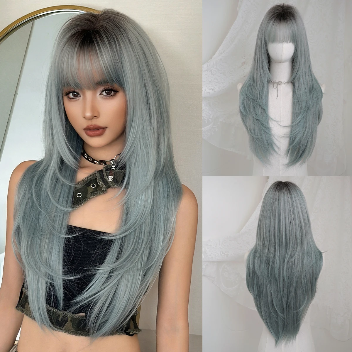 7JHH WIGS Lange, glatte, aschblau gefärbte Perücke für Damen, synthetisch, geschichtet, hitzebeständig, modisch, sofort tragbar, mit dunklen Ansätzen