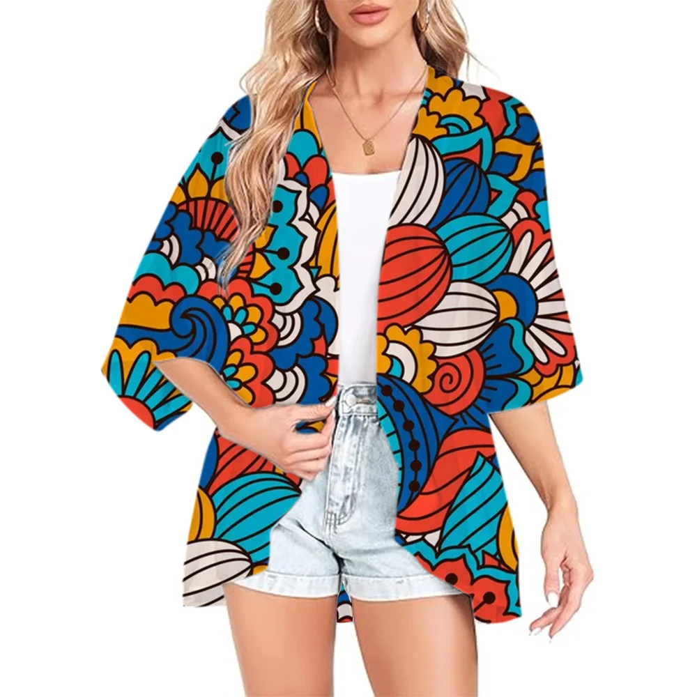 Summer Blouse Chiffon Jacket Fashion Street Breathable Short Sleeve Swimwear Printed Graffiti Hawaiian Bohemian Chiffon Top