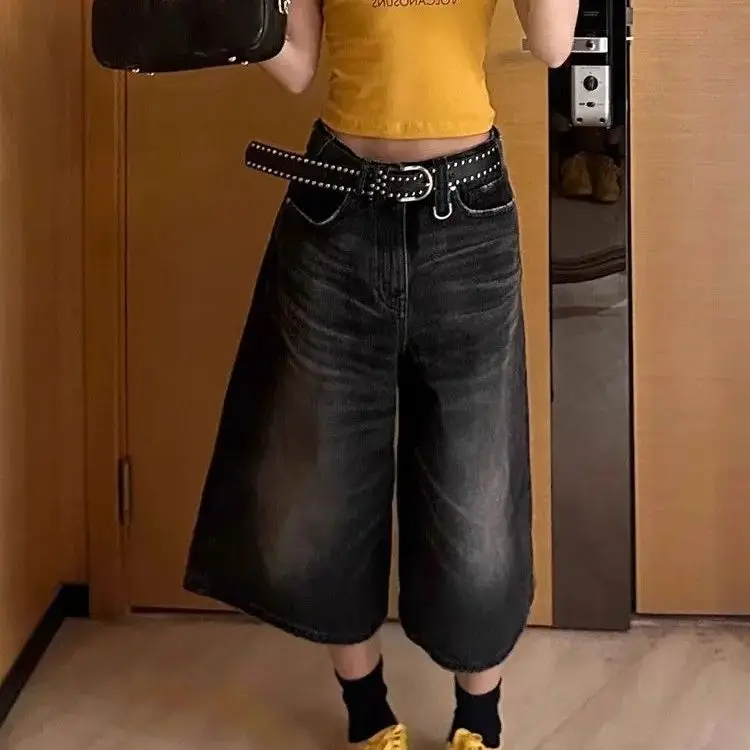 

Retro Fashion American Women High-Waist Jeans Seven Points Trousers Black Wash 2024 New Baggy Wide Leg Frayed Denim Short Pants