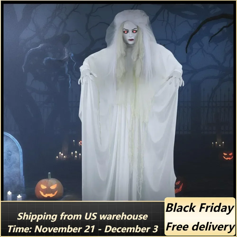 5.25Ft Halloween Bride Animatronic Life Size Ghost Girl Scary Decorations with Flashing Red Eyes Poseable Battery-Operated Screa