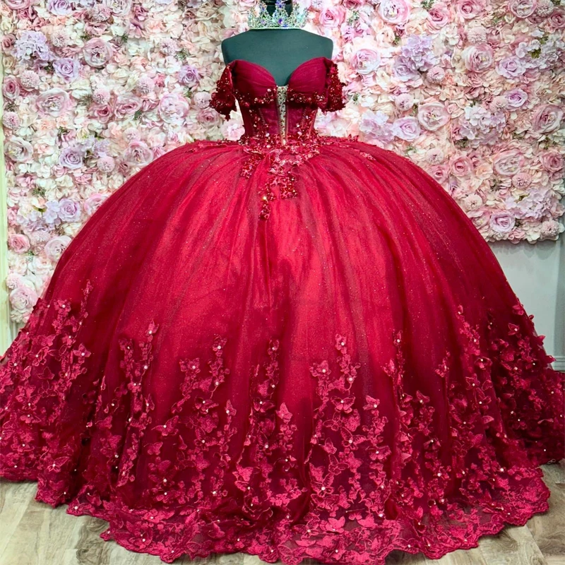 

Red Shiny Quinceanera Dresses Ball Gown Beaded Crystal Bow Tull Off the Shoulder Corset Sweet 16 Dress Vestidos De 15 Anos