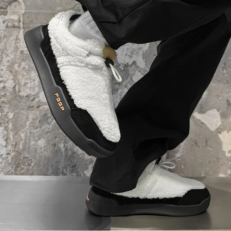 Men Winter Fleece Mule Slippers Slip‑On Plush Warm Shoes Non‑Slip Thick Home Outdoor Casual Fluffy Boots Man