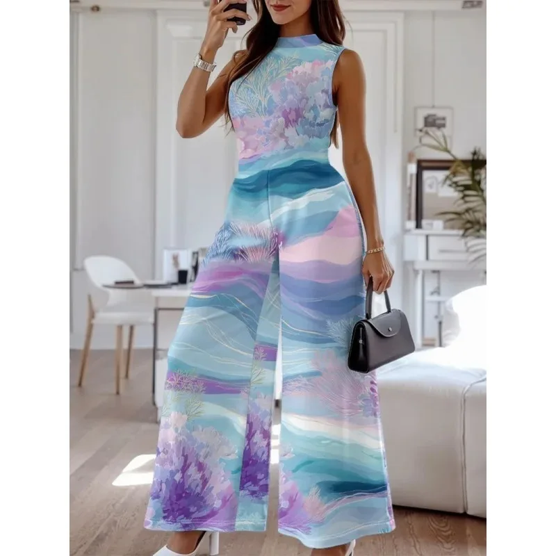 Tuta senza maniche europea americana primavera estate per donna Stampa digitale Nicchia Confortevole Alla moda Elegante