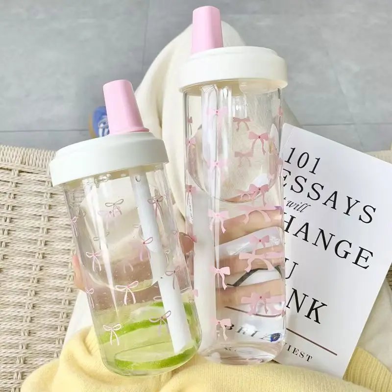 Botella de agua con pajita de lazo rosa con tapa, bonita taza de bebidas de té de la leche con burbujas, taza de café de plástico portátil, botella de agua para estudiantes al aire libre
