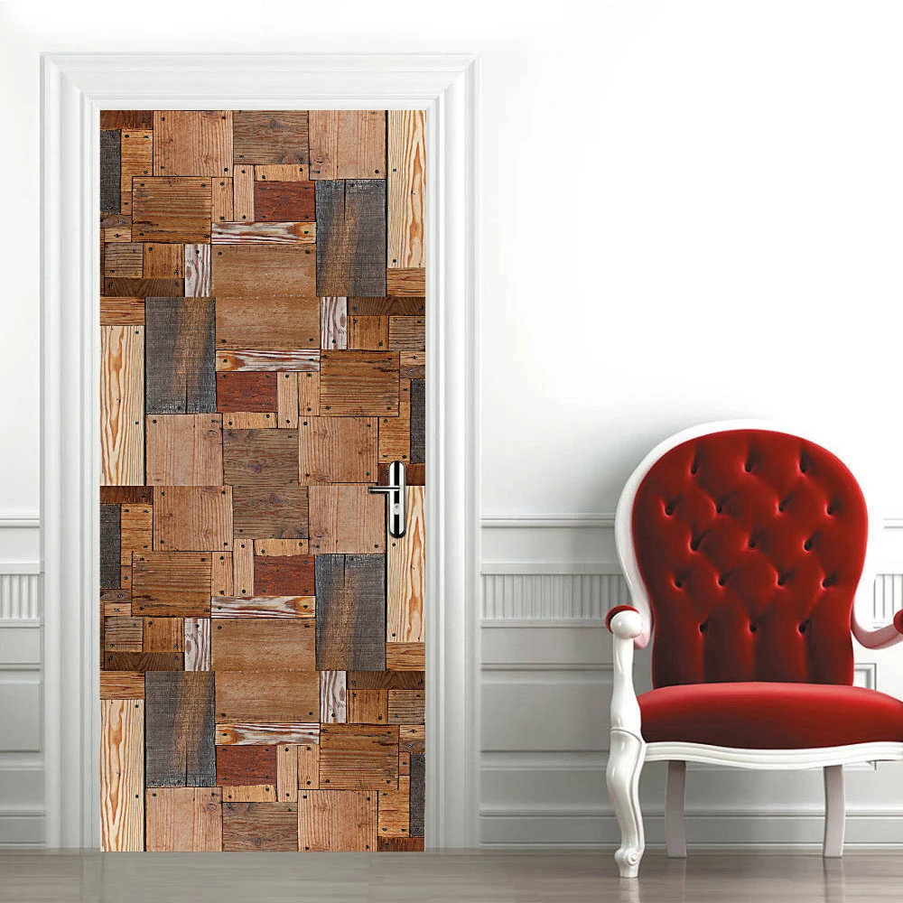 3D Retro Door Stickers Wooden Style Doorposter Self-adhesive PVC Wall Sticker Bedroom Decorative Door Cover autocollant de porte