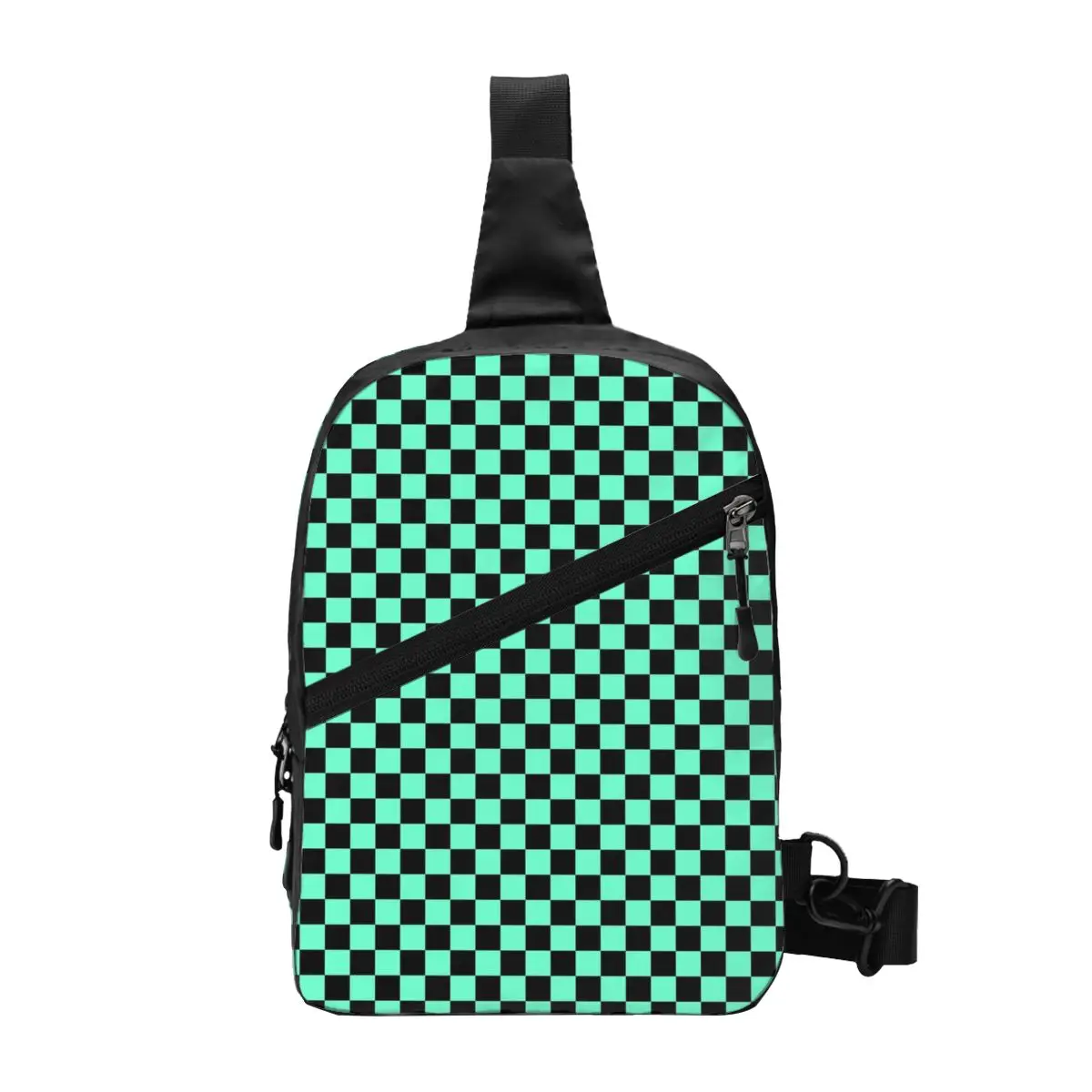 Custom Fashion Checkerboard Pattern Sling Bag Traveling Men Mint Green And Black Plaid Chest Crossbody Backpack Shoulder Daypack