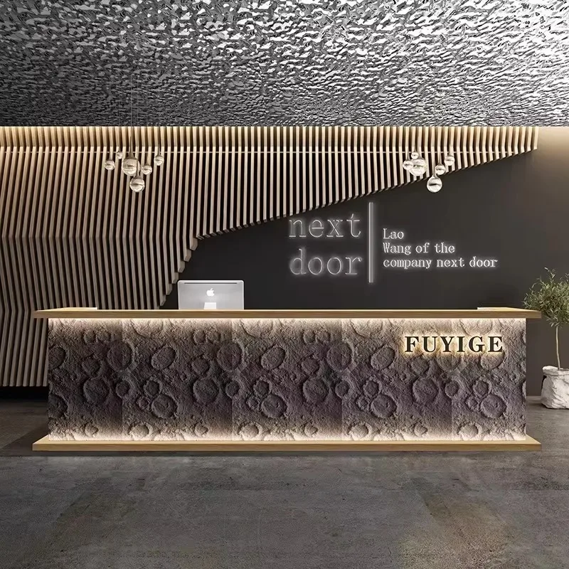 Contact custom Beauty Hair Salon Furniture Front Desk Barbershop Cashier Desk Reception Table With Led Customizable